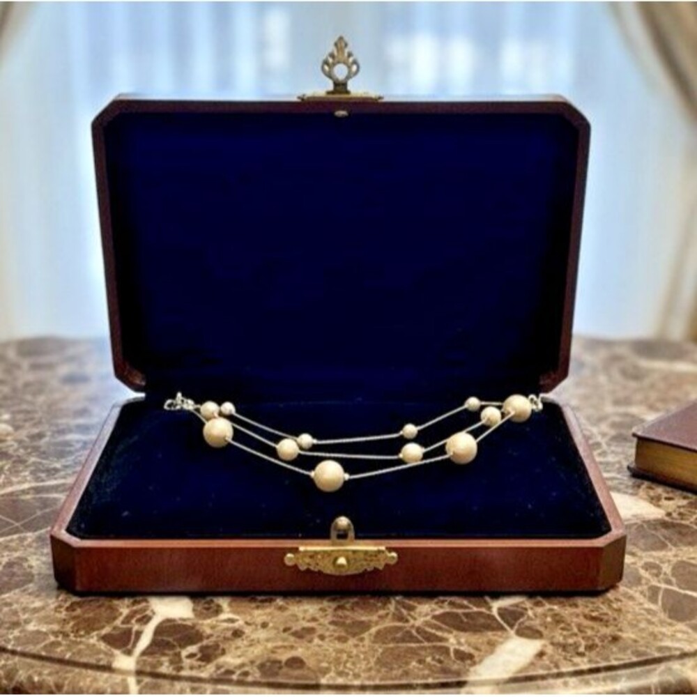 RMN Triple Strand Faux Pearl Necklace 16” Layered Silver  Tone Designer Style